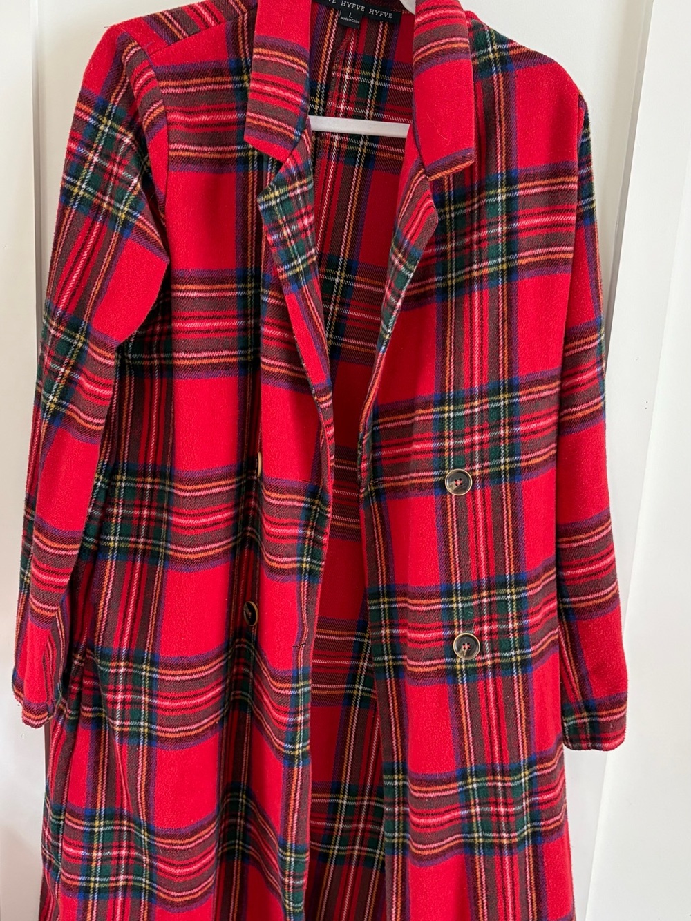 HYFVE Women’s Red Plaid Trench Coat | Size Large | Lightweight | Polyester